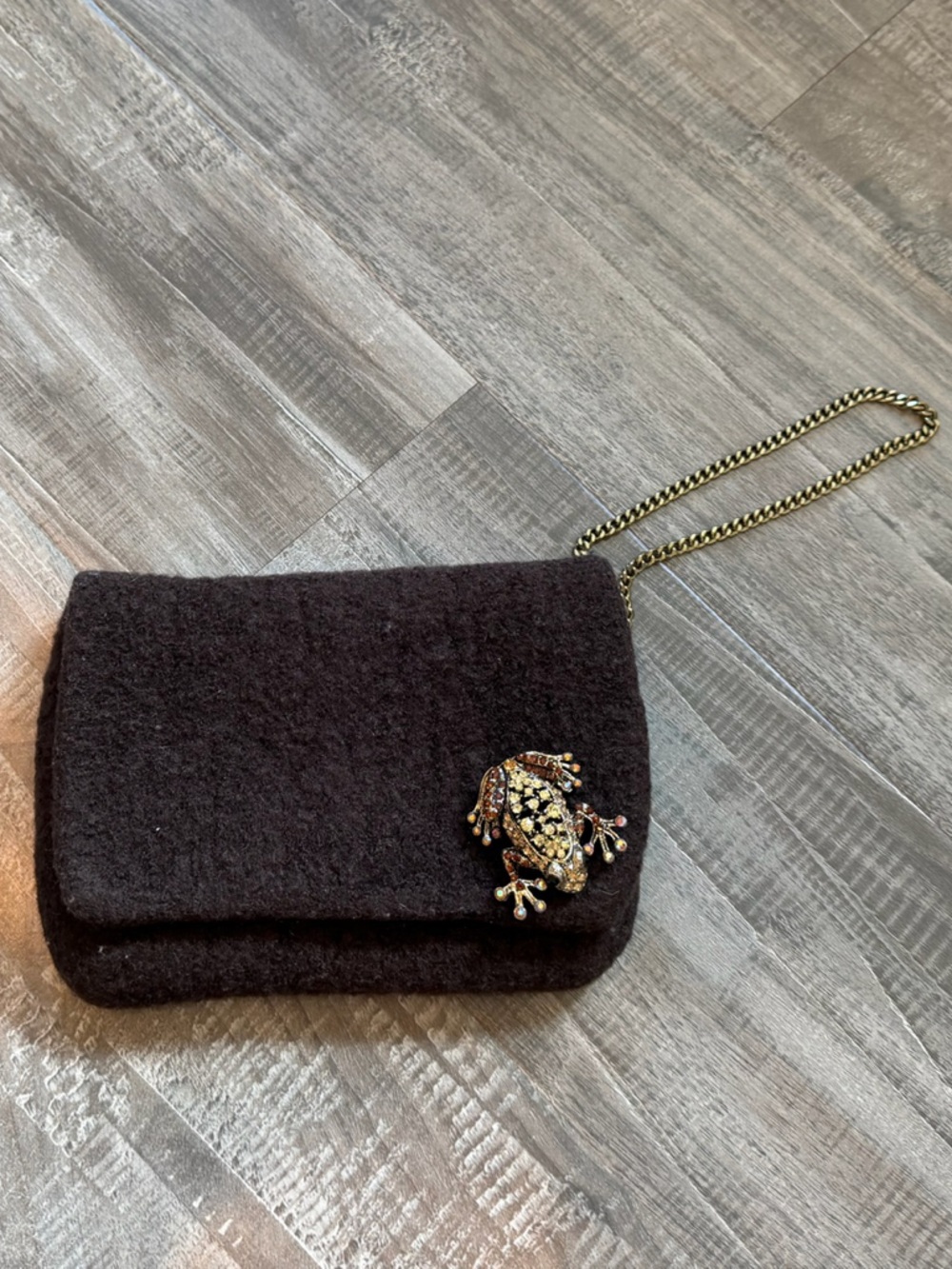 Sara Oliver Peruvian Wool Clutch with Gold Chain and Frog Brooch